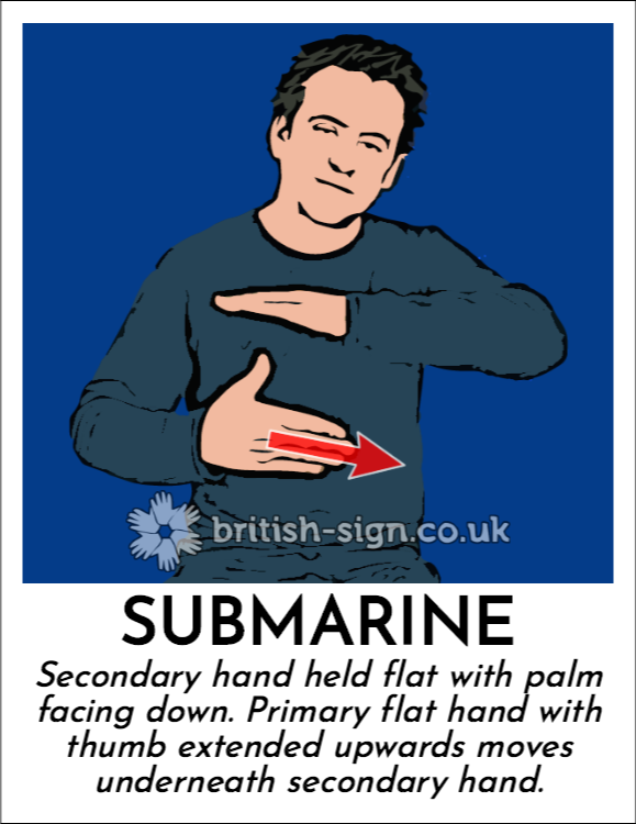 Submarine: Secondary hand held flat with palm facing down.  Primary flat hand with thumb extended upwards moves underneath secondary hand.